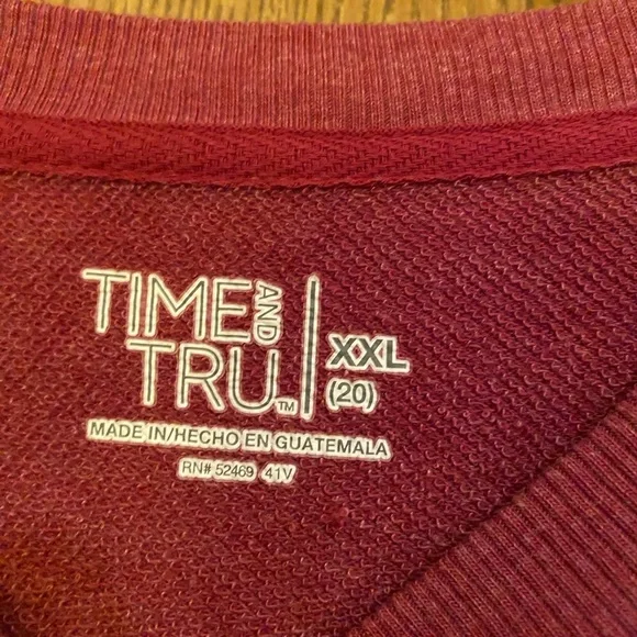 Time and Tru Women's Tunic Crew Neck, French Terry Sweatshirt, Burgundy, XXL - Picture 3 of 8